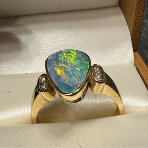14k Yellow Gold Boulder Opal Diamond Ring